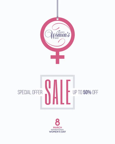 International Womens Day hanging label with venus gender symbol. Special Offer Sale discount web banner. Advertisement poster flyer leaflet design for stores. March 8th lettering.