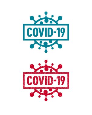 Covid-19 turkuaz katı ve kırmızı mürekkep damgalı. Beyaz arkaplanda Roman Coronavirüs simgeleri var..