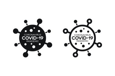 Covid-19 simgeleri en aza indiriyor. Roman Coronavirus Pandemisi beyaz arkaplandaki rozetleri doldurdu ve özetledi.