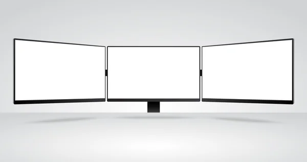 Tres paneles de Monitores de Ordenador Mockup con pantalla blanca en blanco — Vector de stock