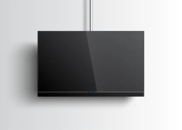 Flat Smart TV Mockup com tela em branco pendurada no tubo, barra de som, tela plana lcd, realista, ilustração vetorial — Vetor de Stock