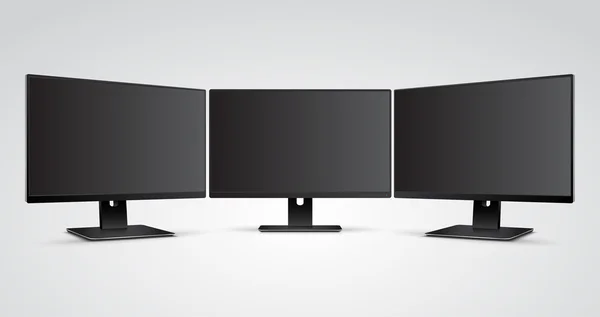 Tre monitor per computer con bordo di visualizzazione ultra sottile con schermo vuoto Mockup — Vettoriale Stock