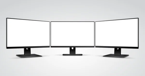 Tres monitores de computadora Mockup con pantalla blanca en blanco — Vector de stock