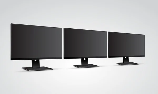 Three Computer Monitors Mockup with blank black screen — Stock Vector