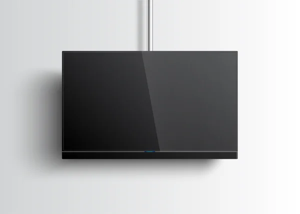 Mockup plana Smart TV con pantalla en blanco colgando en el tubo, barra de sonido, pantalla plana lcd, realista, ilustración vectorial — Archivo Imágenes Vectoriales