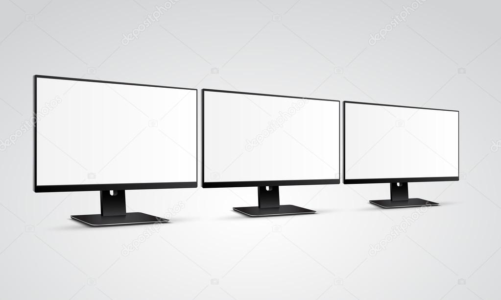 Three modern Computer Monitors Mockup with white blank screen