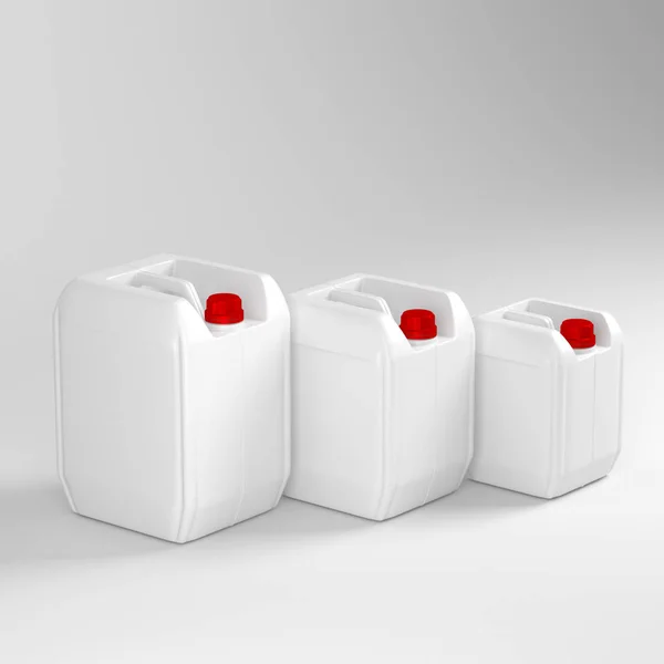 Três garrafas de plástico branco jerrycan em diferentes tamanhos, 3d renderização — Fotografia de Stock