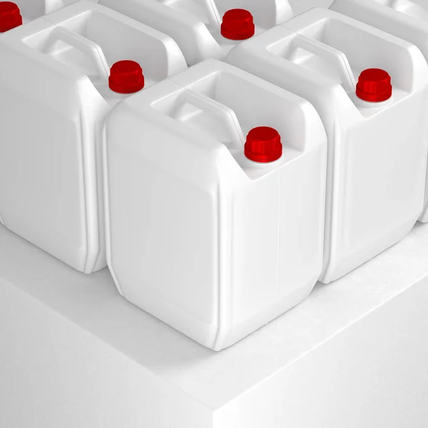 Vit plastbehållare dunkar med rött lock, 3d-rendering — Stockfoto