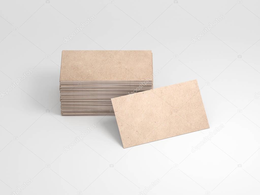 Kraft cardboard business card. Stack of cards, 3d rendering