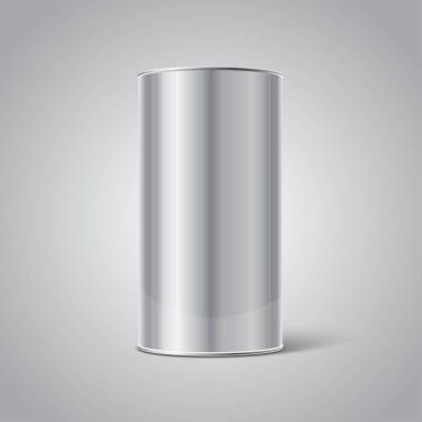 Mockup paslanmaz çelik boş teneke kutu ambalaj gri arka plan üzerinde. Boş