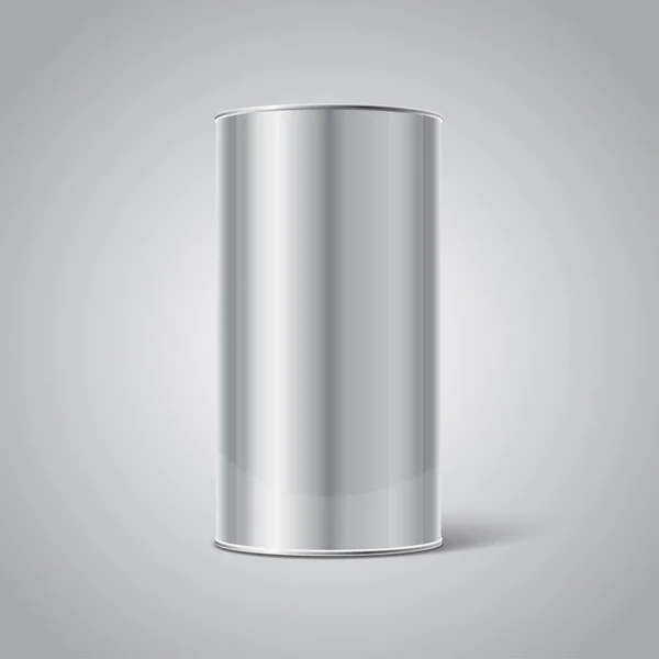 Mockup de aço inoxidável Blank Tin Can embalagem em fundo cinza. Vazio —  Vetores de Stock