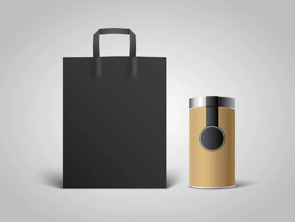 空の段ボール空缶包装と黒い紙バッグ モックアップ — ストックベクタ