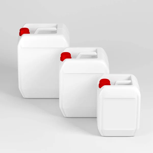 Três lata de plástico branco jerrycan em tamanhos diferentes — Fotografia de Stock