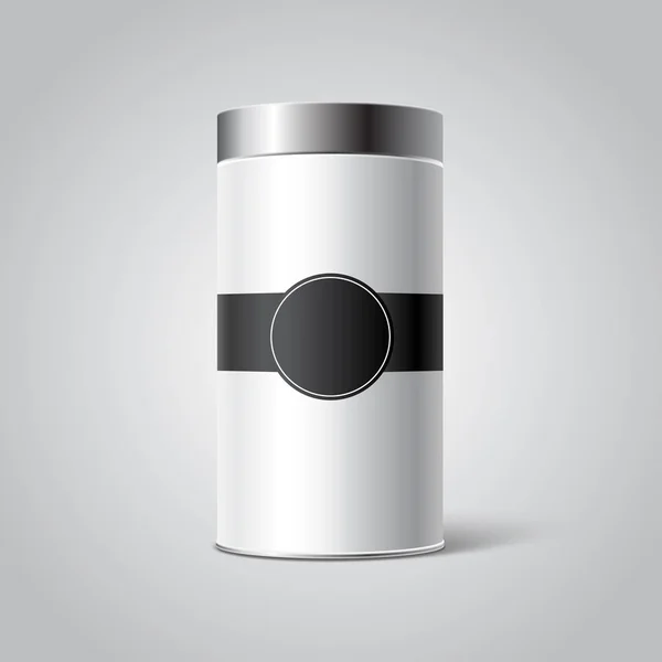 Weiße Blechdose-Verpackungs-Attrappe mit schwarzem Etikett — Stockvektor