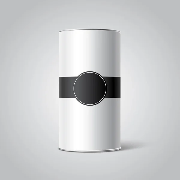 Witte lege Tincan verpakking mockup met zwarte Tag op grijze achtergrond — Stockvector