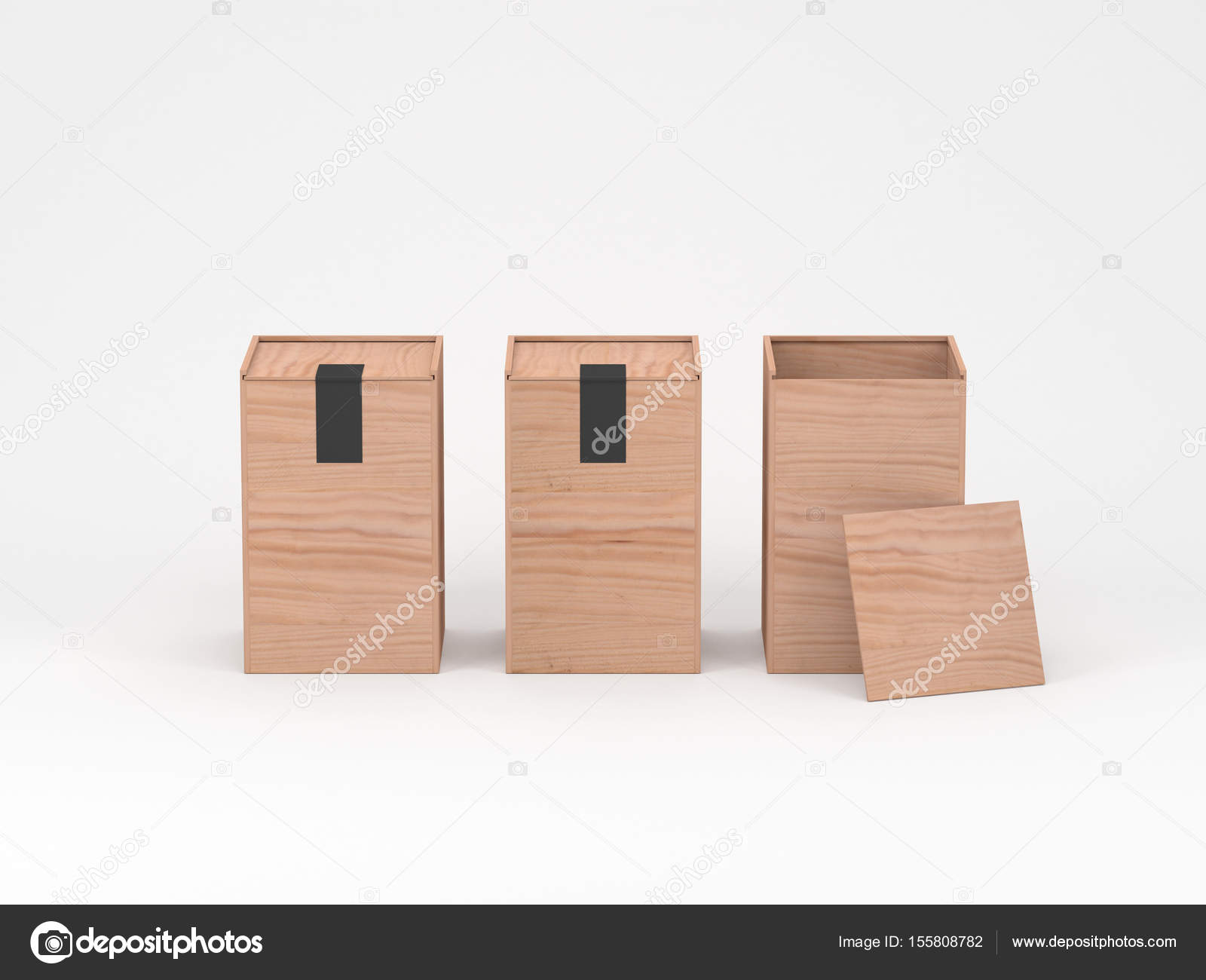 Download Three Wooden Box Mockup With Black Sticker On Gray Background 3d Rendering Stock Photo C Customdesigner 155808782 PSD Mockup Templates
