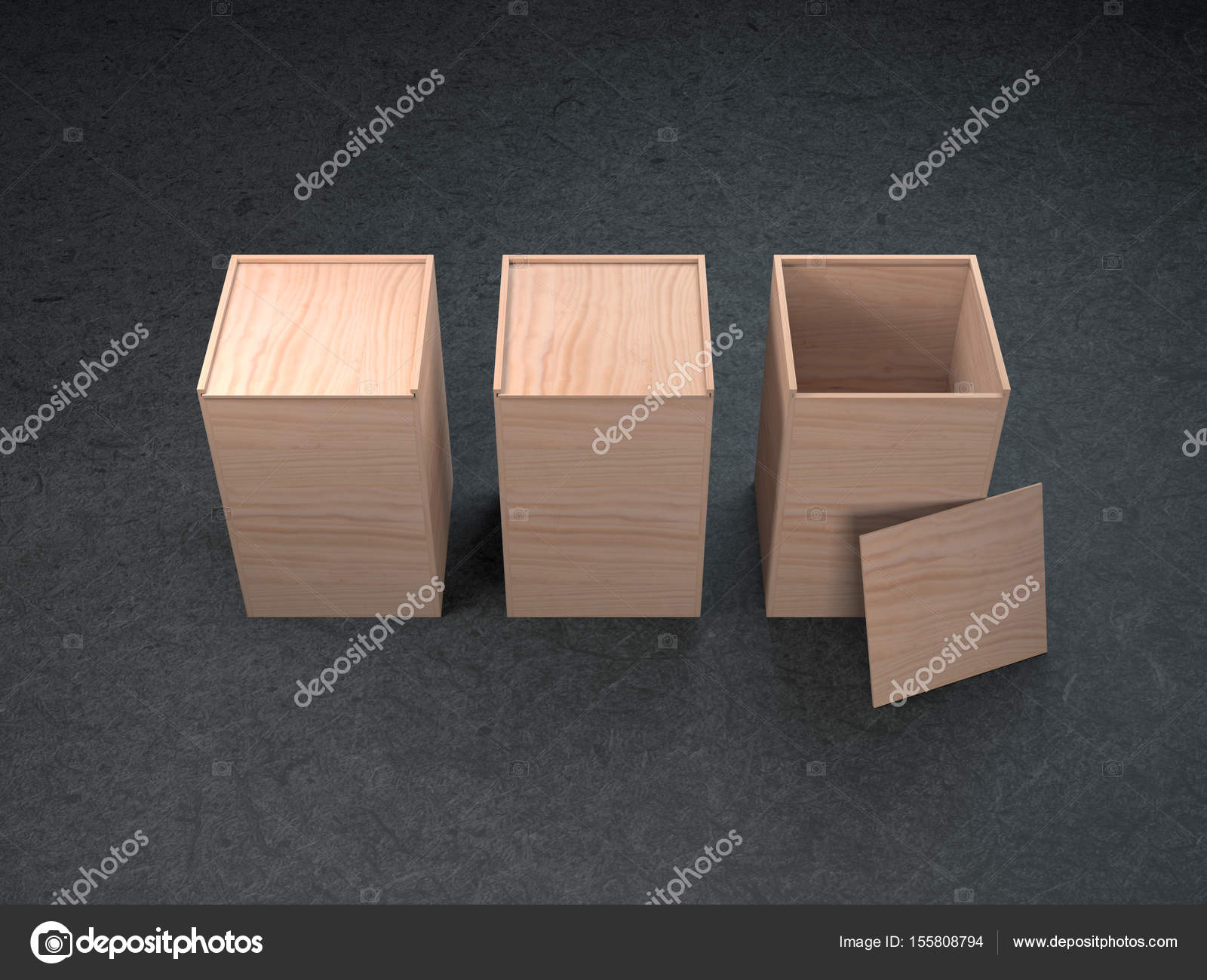 Download Three Wooden Box Packaging Mockup With Opened Cover 3d Rendering Stock Photo C Customdesigner 155808794 PSD Mockup Templates