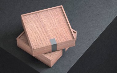 Siyah etiketi ile iki ahşap kutu süsleme çekmeceler. 3D render