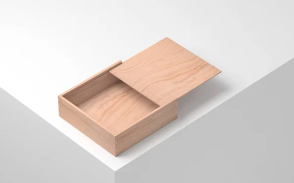 Boîte carrée en bois ouverte maquette, emballage cercueil. Rendu 3d — Photo