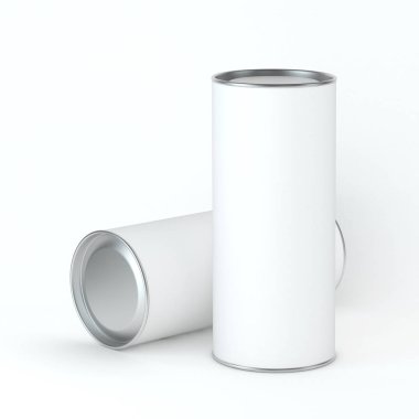 İki beyaz boş teneke olabilir Mockup ambalaj çay, kahve, Kuru ürünler, hediye kutusu için. Tasarımınızı yerleştirin. 3D render
