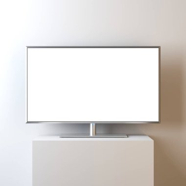 Düz akıllı Tv Mockup standı, gerçekçi Led Tv, 3d render boş beyaz ekran ile