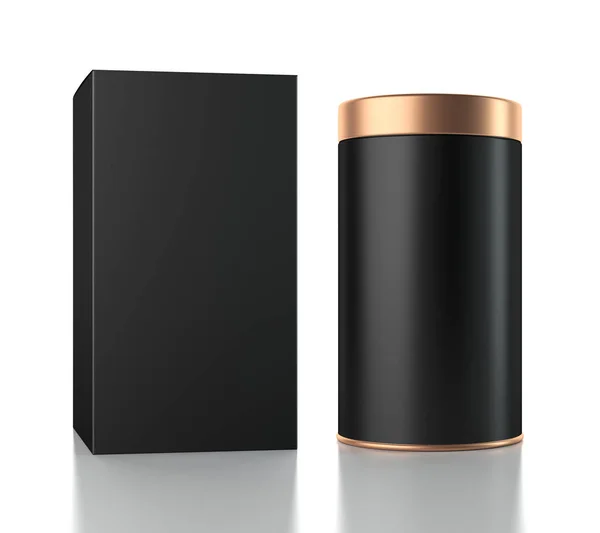 ブラック アルミ缶段ボール ボックスのモックアップ コーヒー ギフト ボックスふた付きゴールド缶詰包装 レンダリング — ストック写真