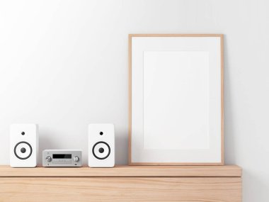 Poster çerçeve Mockup rafta mikro bileşen stereo sistemi ile