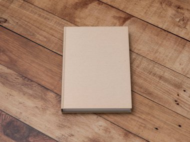 Defter ya da Defter Mockup, ahşap masa üzerinde kraft kapaklı. 3d oluşturma