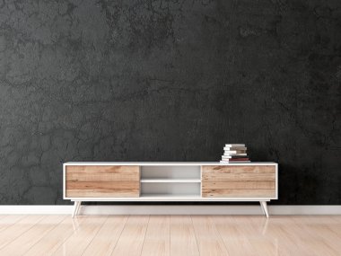 Modern büro ya da televizyon konsolu boş oturma odasında siyah beton duvarlı, 3D görüntüleme