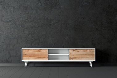 Modern büro ya da televizyon konsolu boş oturma odasında siyah beton duvarlı, 3D görüntüleme