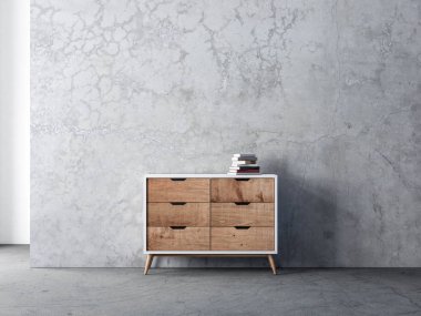 Modern büro, boş oturma odasında beton duvarlı, 3 boyutlu bir model.