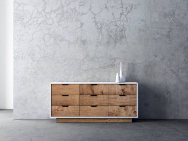 Modern büro, boş oturma odasında beton duvarlı, 3 boyutlu bir model.
