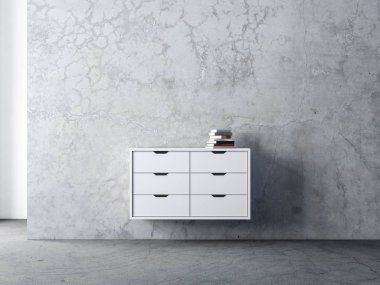 Beyaz büro, boş oturma odasında beton duvarlı, 3 boyutlu bir model.