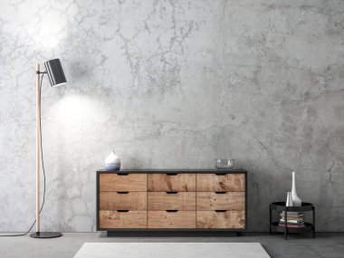 Modern ahşap büro boş oturma odasında beton duvar ve zemin lambası, 3D döşeme