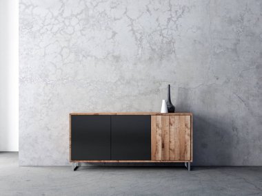 Modern siyah ahşap kabin boş oturma odasında, 3D görüntüleme