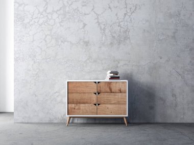 Modern büro, boş oturma odasında beton duvarlı, 3 boyutlu bir model.