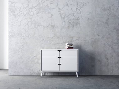Modern beyaz klozet, boş oturma odasında beton duvarlı, 3D işlemeli.