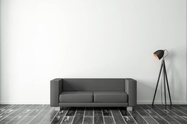 Siyah kanepe boş odada, modern lamba, 3 boyutlu görüntüleme