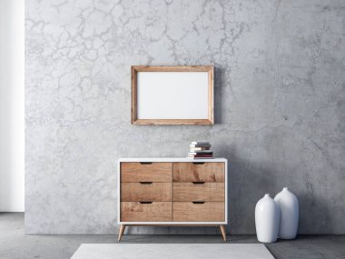 Yatay ahşap çerçeve, modern oturma odasındaki beton duvarda asılı duruyor.