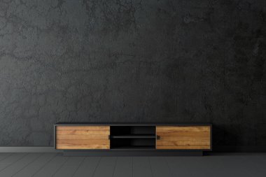 Modern dolap TV konsolu modeli boş oturma odasında, siyah duvarlı, 3D görüntüleme