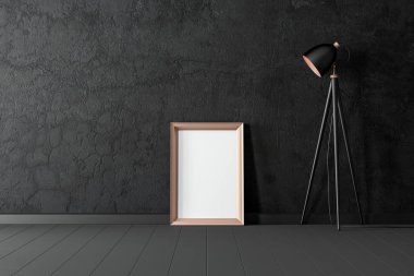 Dikey poster Frame Mockup siyah duvarın yanında duruyor. 3d oluşturma