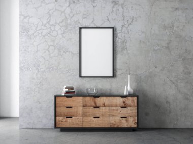 Modern oturma odasındaki beton duvarda asılı dikey siyah poster Frame Mockup, 3D