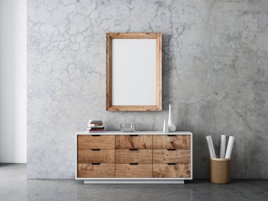 Modern oturma odasındaki beton duvarda asılı dikey ahşap çerçeve, 3D görüntüleme