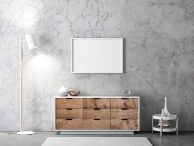 Modern oturma odasındaki beton duvara asılmış yatay beyaz çerçeve posteri, 3D.