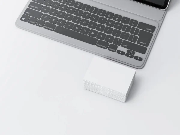 Stack White Business Cards Mockup White Table Laptop Office Rendering — стоковое фото