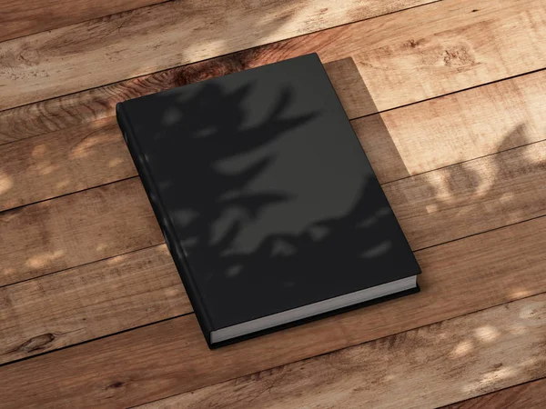 Black Book Mockup Con Tapa Dura Texturizada Sobre Mesa Madera — Foto de Stock