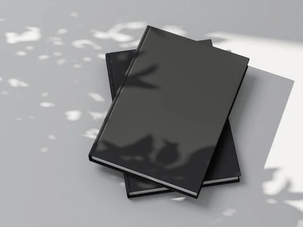2冊の本またはノートブック屋外の白い背景に黒のテクスチャハードカバー付きのモックアップ 3Dレンダリング — ストック写真