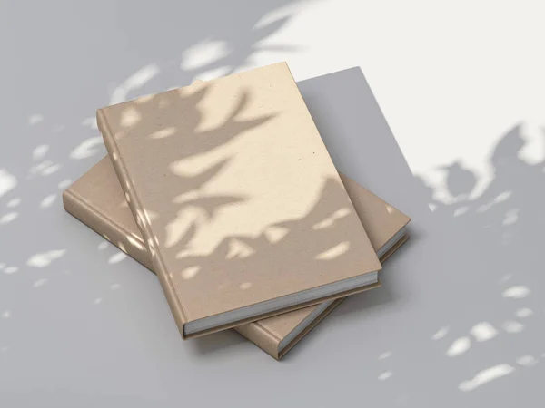 Two Books or Notebooks Mockup with textured kraft paper hardcover on white table outdoors. 3d rendering