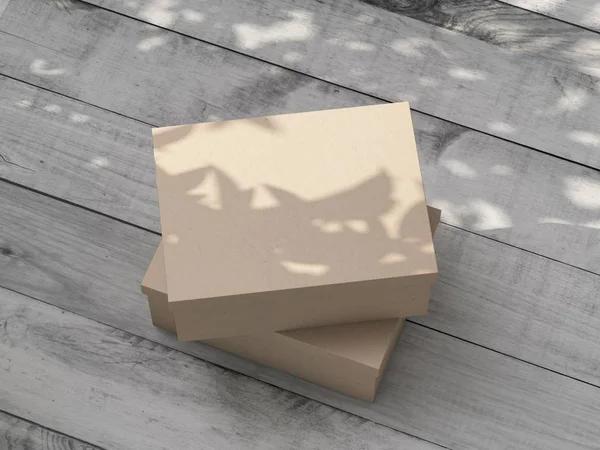 Dva Kartónové Dárkové Krabice Mockup Bílém Dřevěném Stole Venku Vykreslování — Stock fotografie