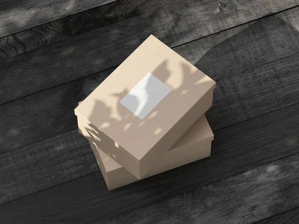 Dvě Krabičky Krabic Kraft Mockups Černém Dřevěném Stole Vykreslování — Stock fotografie